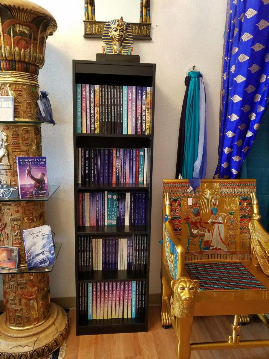 the book shelf in the Egyptian Fragrance Alchemy shop in Newport